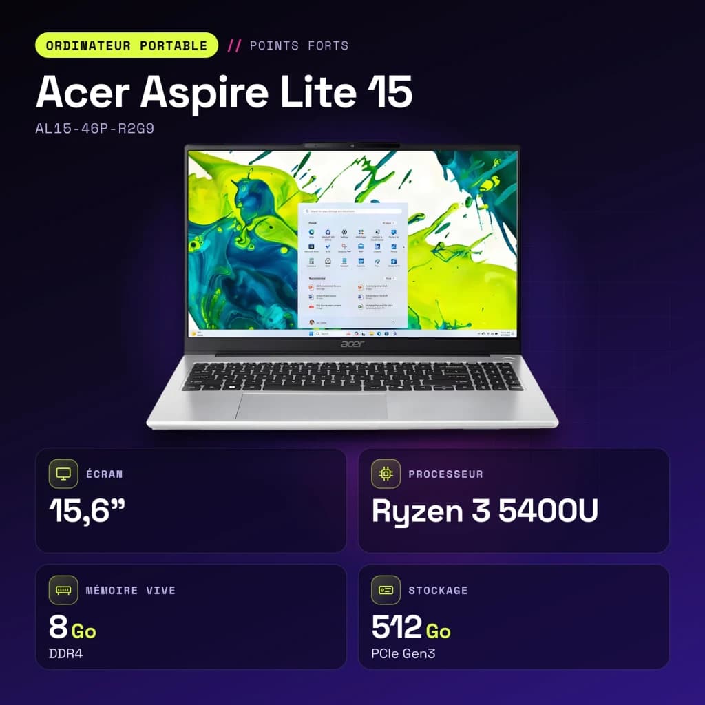 PC portable Acer Aspire Lite 15 8Go/512Go 15,6 pouces IPS FHD AMD Ryzen 3 5400U SSD NVMe PCIe Gen3 Windows 11 Home Argent