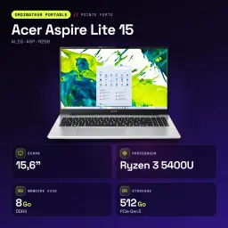 PC portable Acer Aspire Lite 15 8Go/512Go 15,6 pouces IPS FHD AMD Ryzen 3 5400U SSD NVMe PCIe Gen3 Windows 11 Home Argent