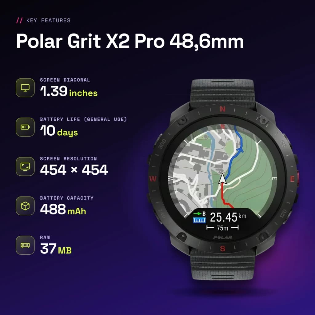 Polar Grit X2 Pro 48,6mm GPS Mapas offline Bateria 10 Dias Preto - características, 488 mAh