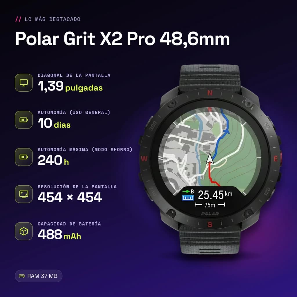 Polar Grit X2 Pro 48,6mm GPS Mapas offline Bateria 10 Dias Preto - características