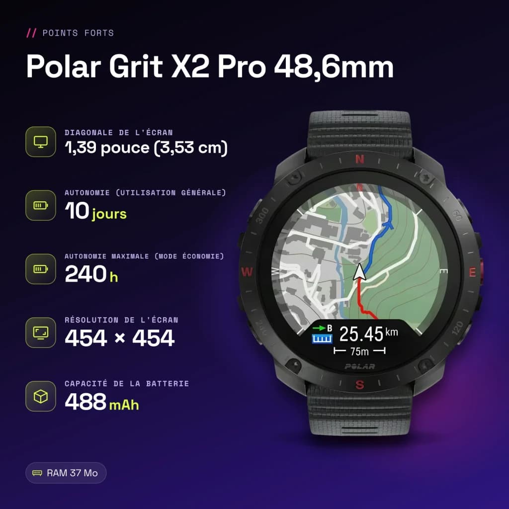 Polar Grit X2 Pro 48,6mm GPS Mapas offline Bateria 10 Dias Preto - características, 275 MHz