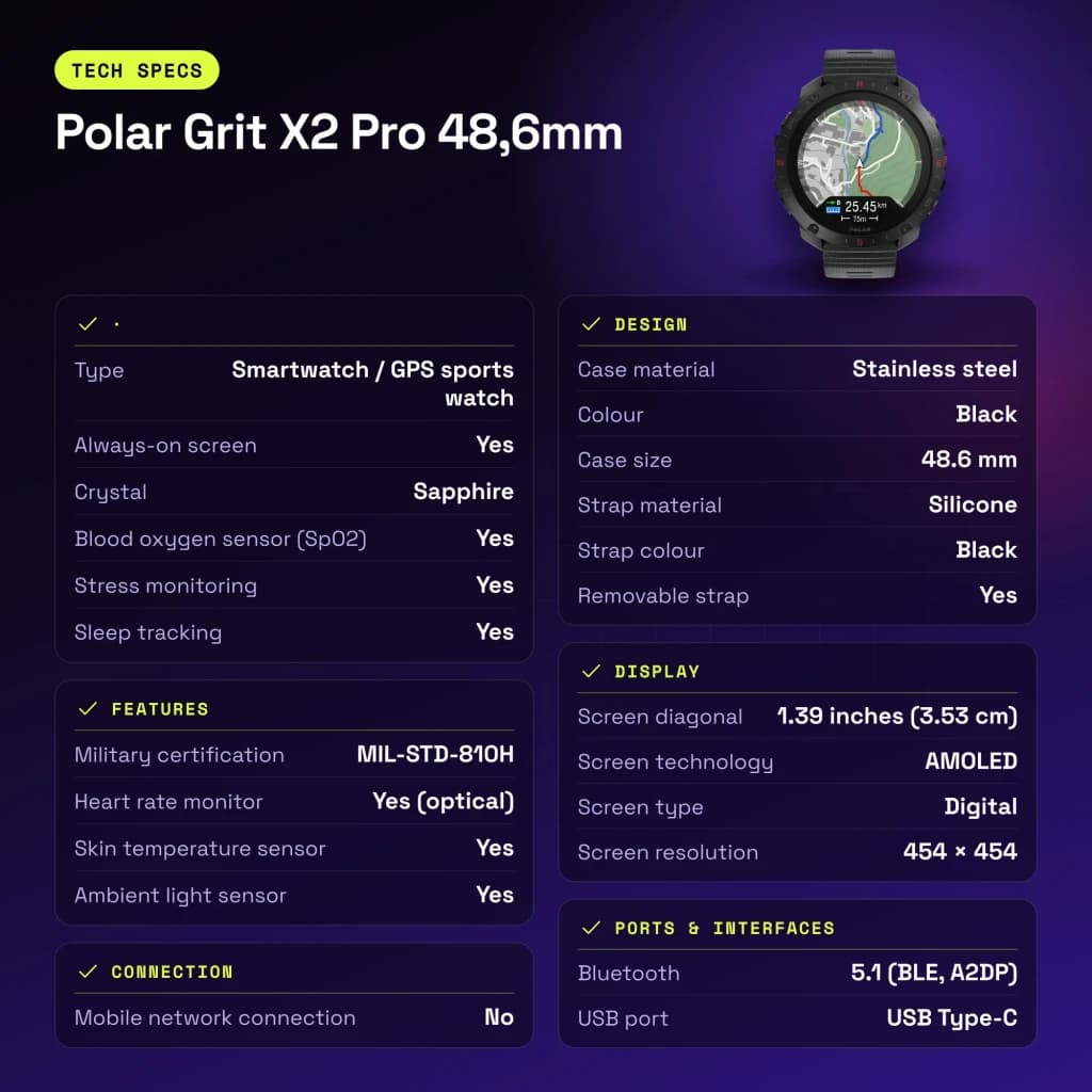 Polar Grit X2 Pro 48,6mm GPS Mapas offline Bateria 10 Dias Preto - características, 48,6 mm