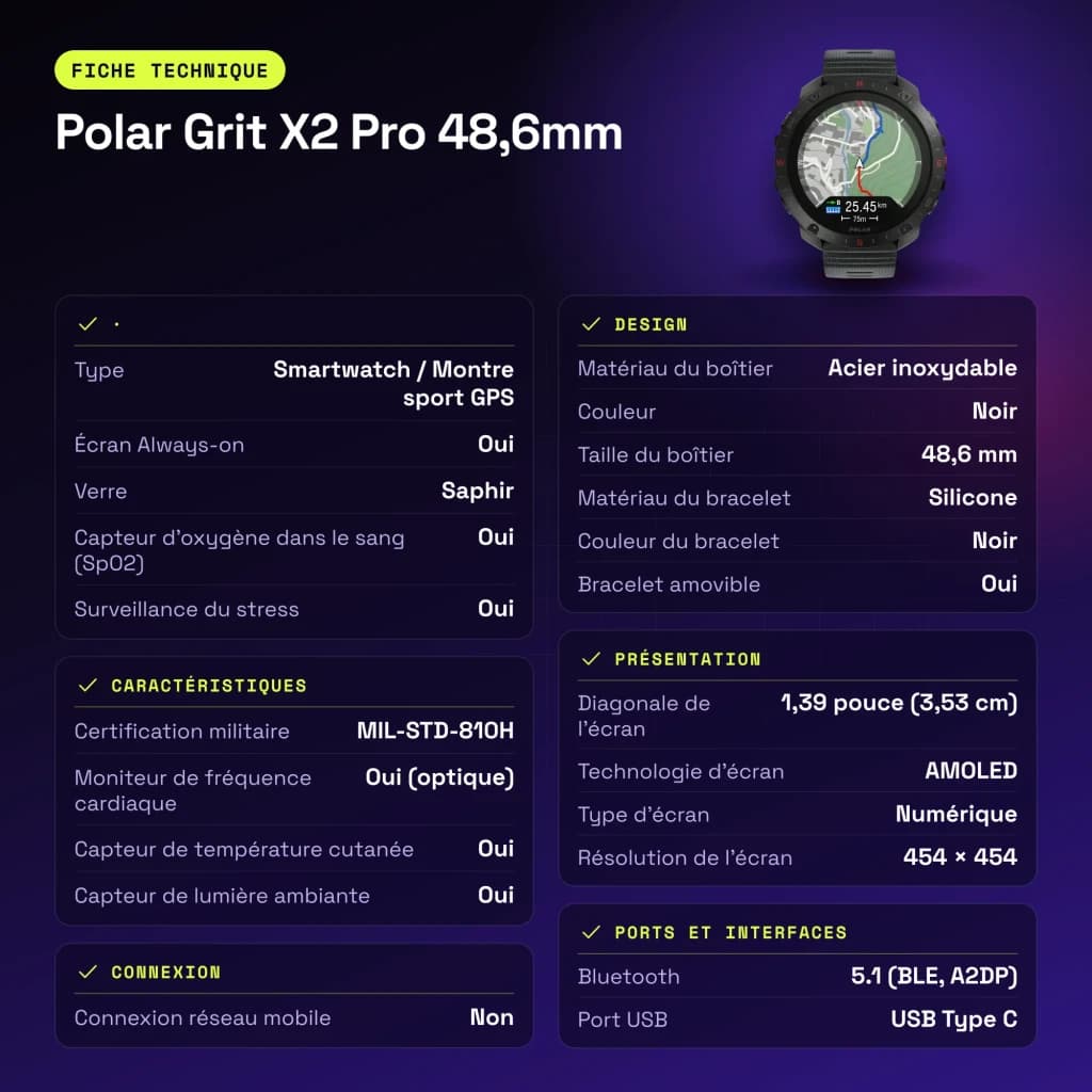 Polar Grit X2 Pro 48,6mm GPS Mapas offline Bateria 10 Dias Preto - características, 13,4 mm