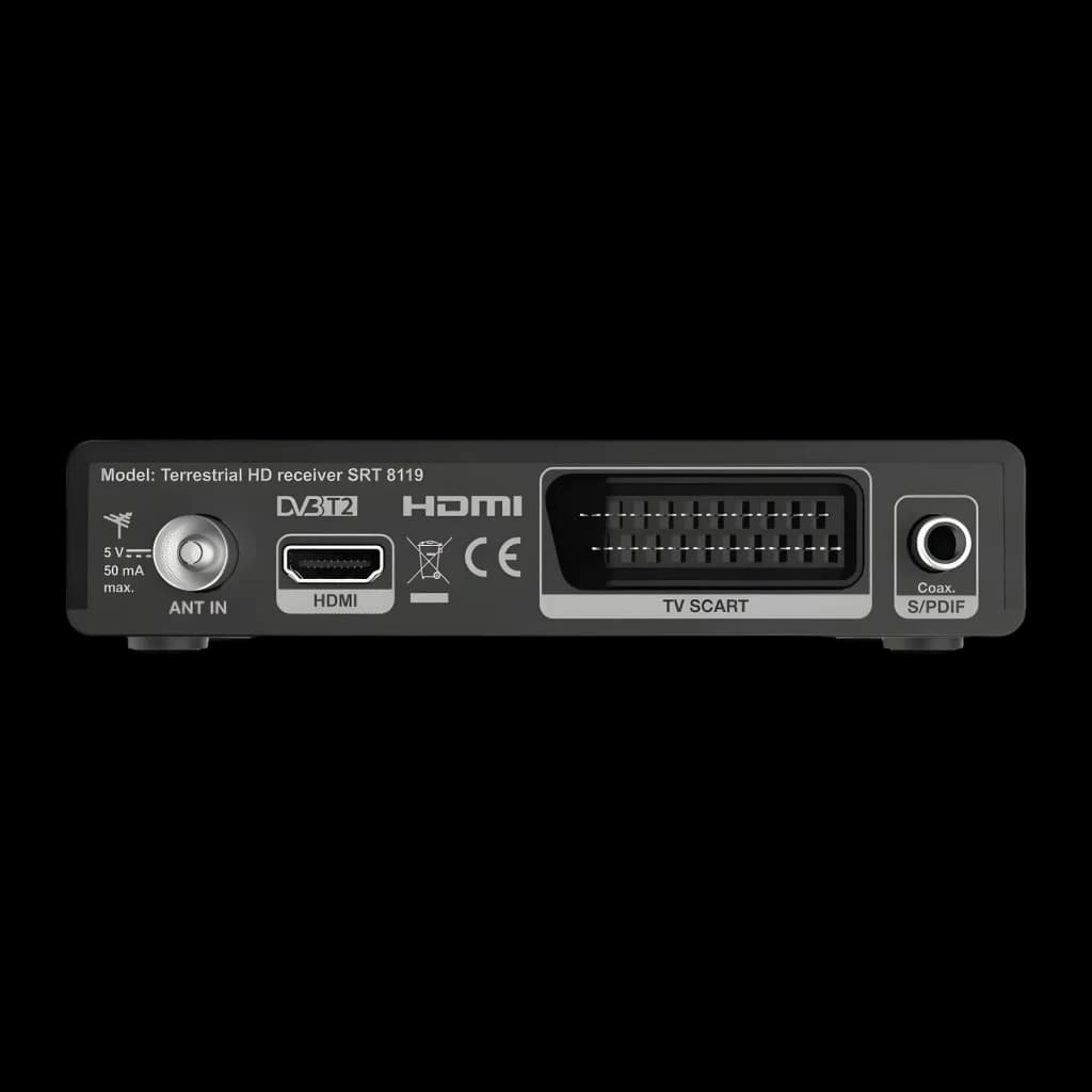 Récepteur TNT Strong Noir Full HD USB HDMI SRT8119 - prises ANT IN, HDMI, SCART et S/PDIF coaxial