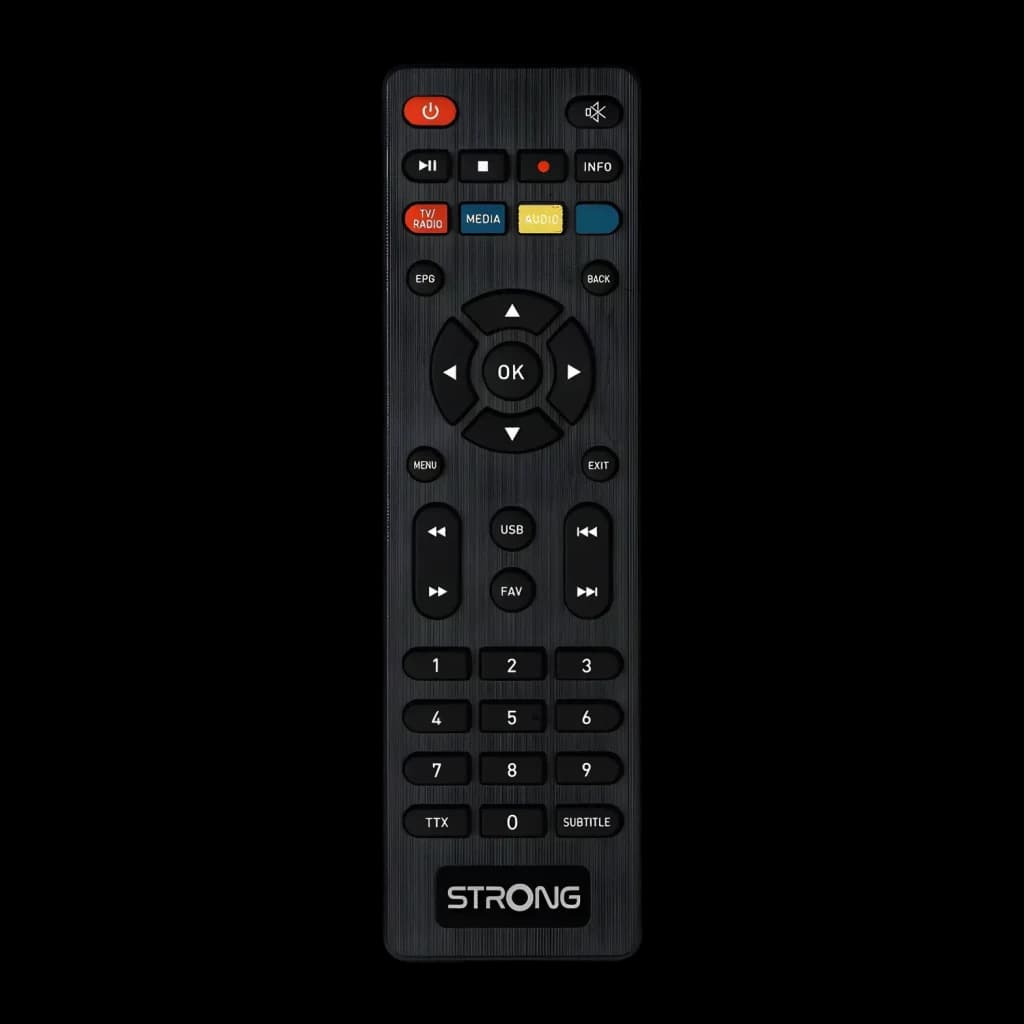 Récepteur TNT Strong Noir Full HD USB HDMI SRT8119 - vue de face avec touches EPG, USB, FAV et touches colorées