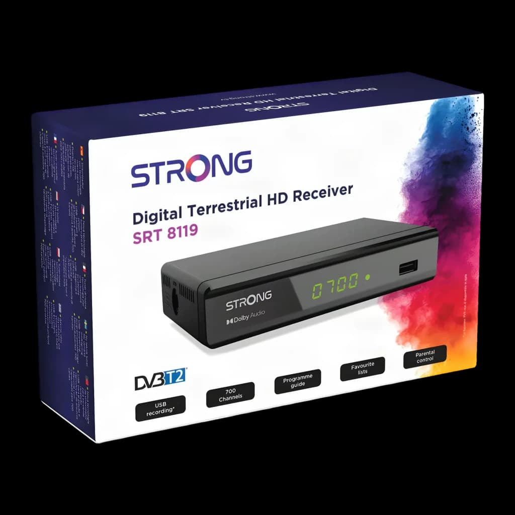 Récepteur TNT Strong Noir Full HD USB HDMI SRT8119 - packaging en angle avec appareil et fonctions DVB-T2 visibles