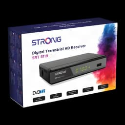 Récepteur TNT Strong Noir Full HD USB HDMI SRT8119 - packaging en angle avec appareil et fonctions DVB-T2 visibles