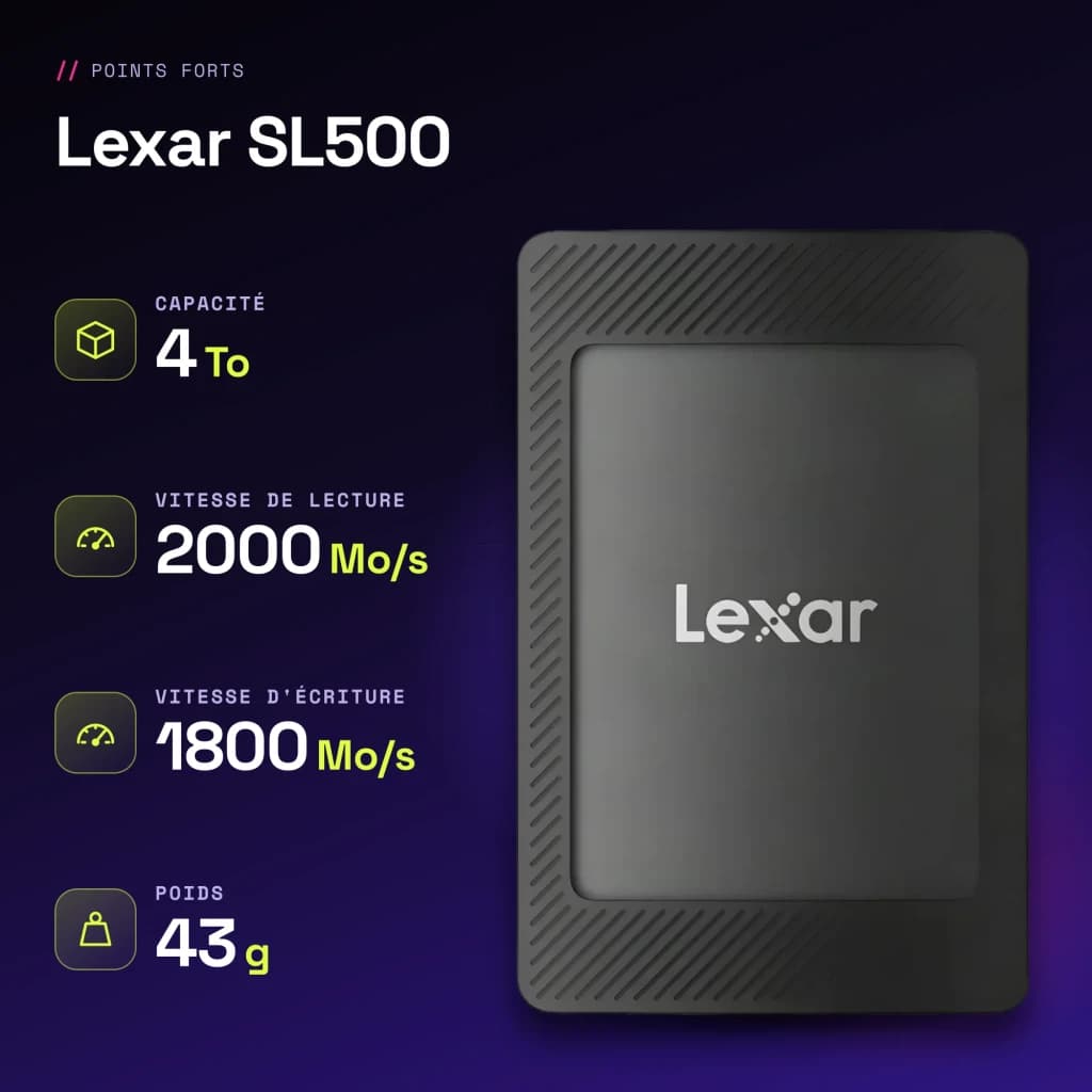 SSD Externe Lexar 4To IP54 USB-C 3.2 Gen 2x2 Noir SL500 - caractéristiques, 2000 MB/s