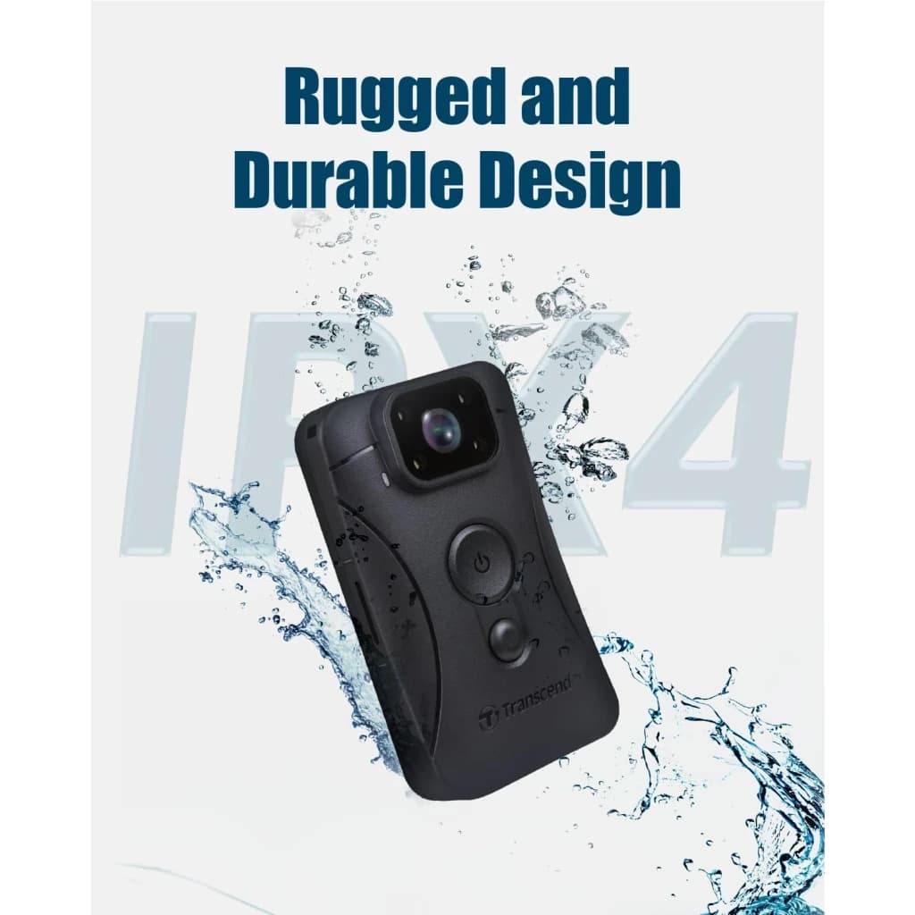 Câmara corporal Transcend DrivePro Body 10 64GB Wi-Fi Full HD 1080p IPX4 Preto - design robusto com salpicos