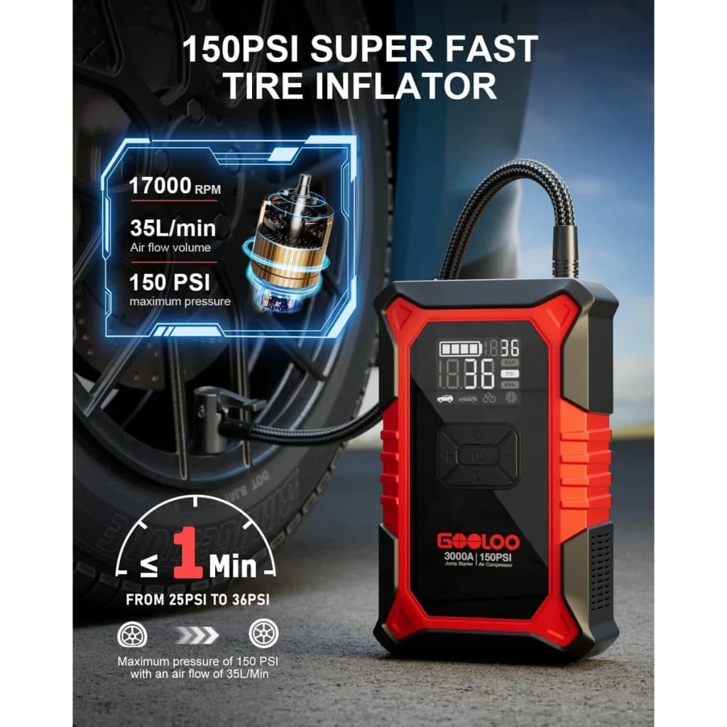 Arrancador de Bateria GOOLOO A3 3000A até 9L Gasolina / 6,5L Diesel - compressor integrado 150PSI