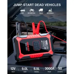 Arrancador de Bateria GOOLOO A3 3000A até 9L Gasolina / 6,5L Diesel - pinças vermelhas e pretas conectadas