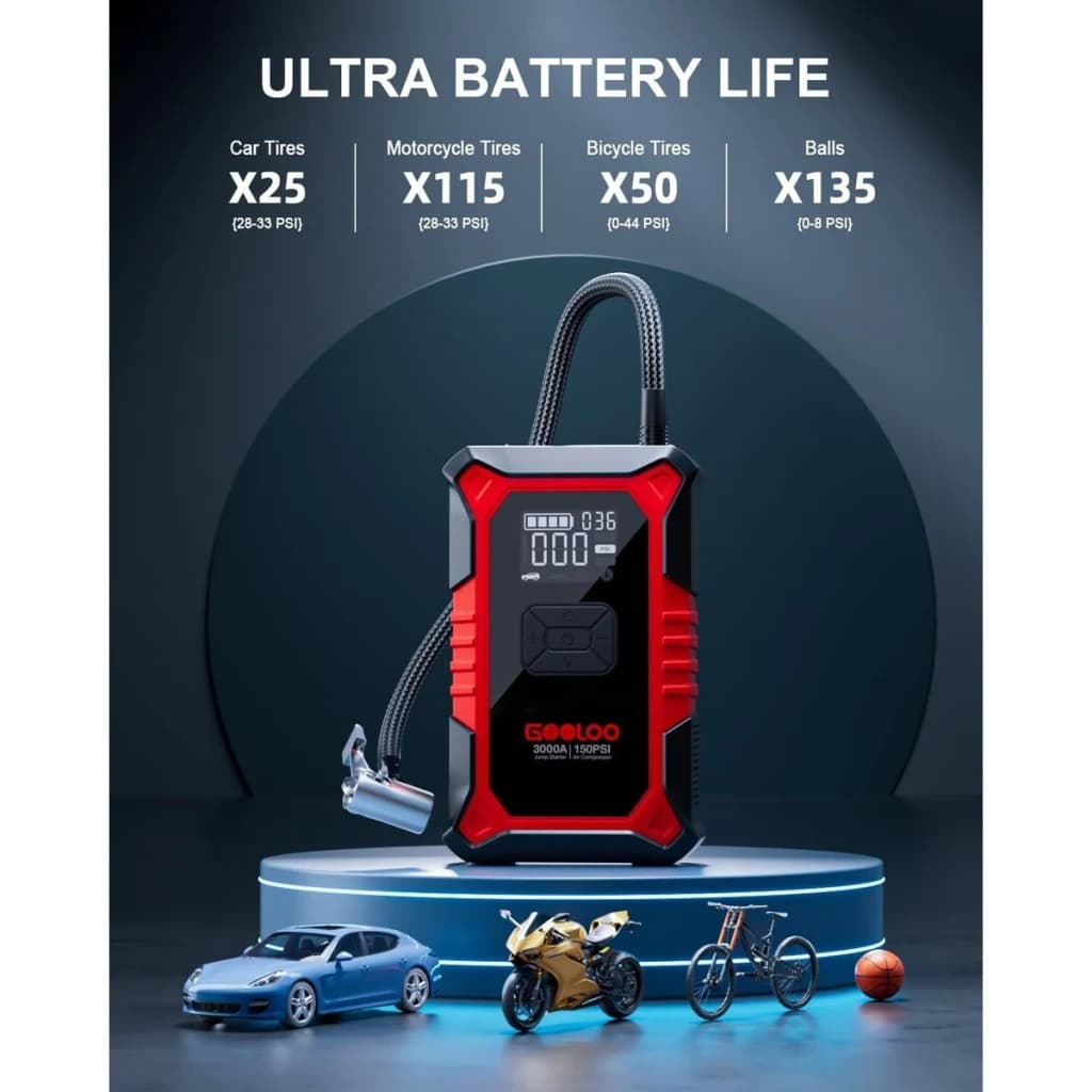Arrancador de Bateria GOOLOO A3 3000A até 9L Gasolina / 6,5L Diesel - capacidade de insuflação para carro, moto