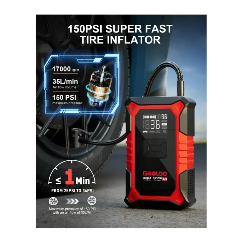 Arrancador de Bateria GOOLOO A3 3000A até 9L Gasolina / 6,5L Diesel - mangueira flexível e ecrã LCD