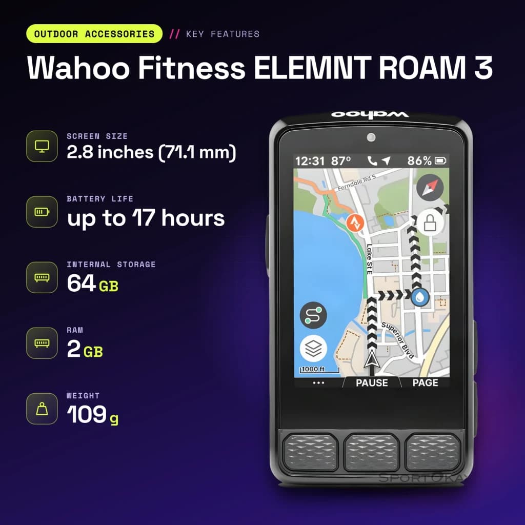 Cyclocomputer GPS Wahoo Fitness ELEMNT ROAM 3 Gris 17h ANT+ Bluetooth WiFi - caractéristiques, 64 GB