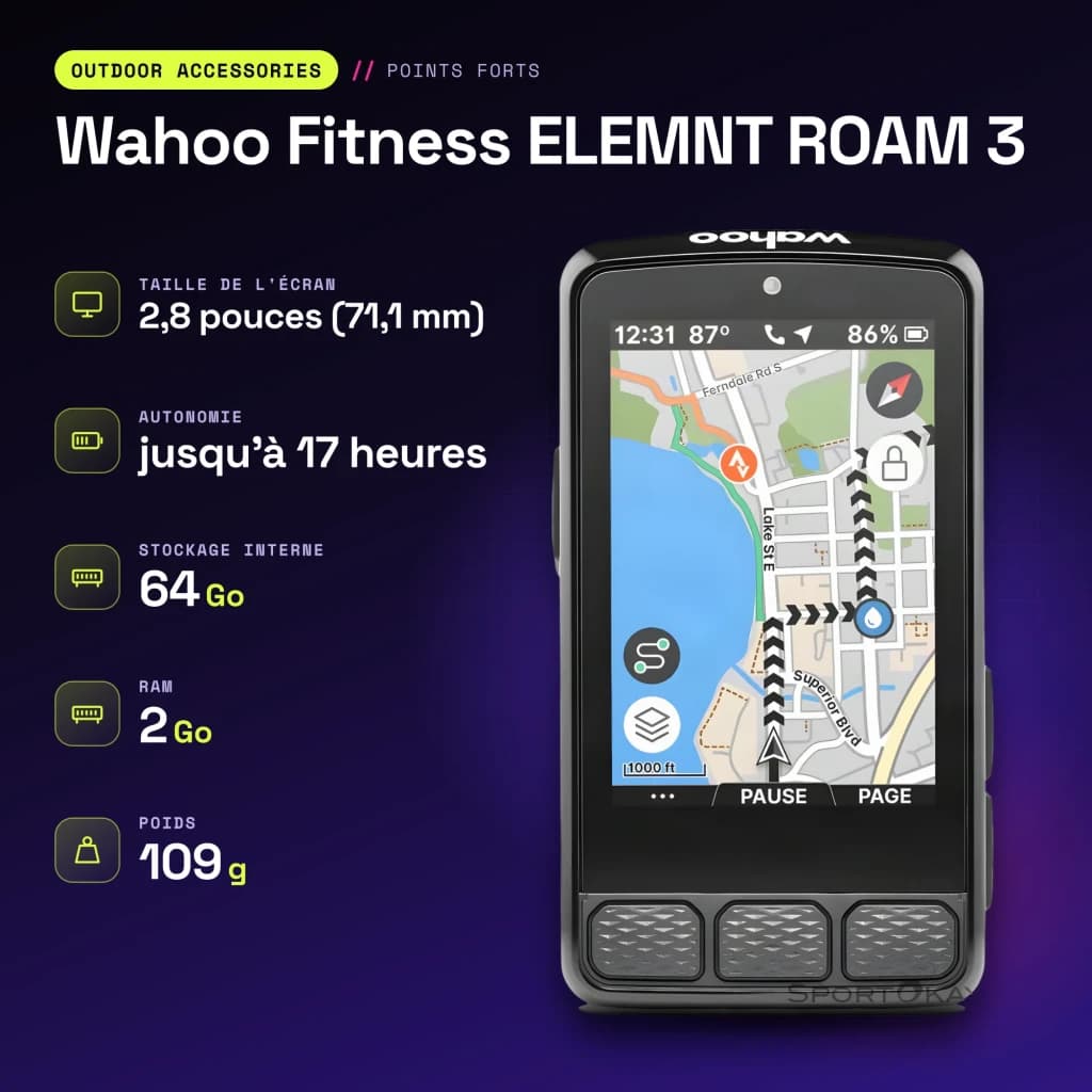 Cyclocomputer GPS Wahoo Fitness ELEMNT ROAM 3 Gris 17h ANT+ Bluetooth WiFi - caractéristiques, 2 GB