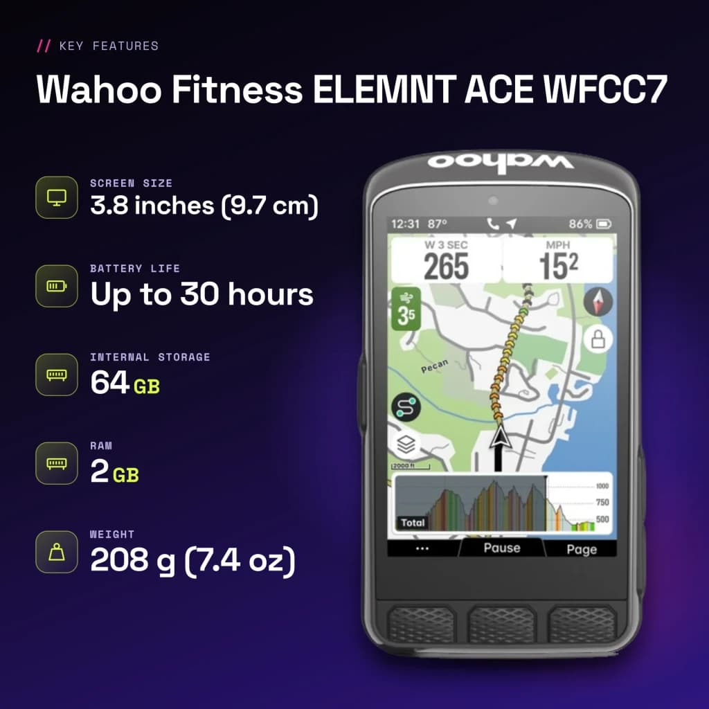 Cyclocomputer GPS Wahoo Fitness ELEMNT ACE WFCC7 Noir 30h - caractéristiques, 208 g (7,4 oz)