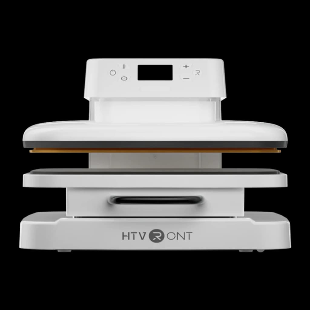 Presse thermique HTVRONT A300 Auto 350W Bleu Clair - plateaux ouverts, panneau LCD et logo HTVRONT sur la base