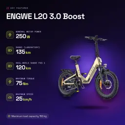 Vélo électrique pliant ENGWE L20 3.0 Boost 250W 135km 25km/h Or - caractéristiques, 75 Nm