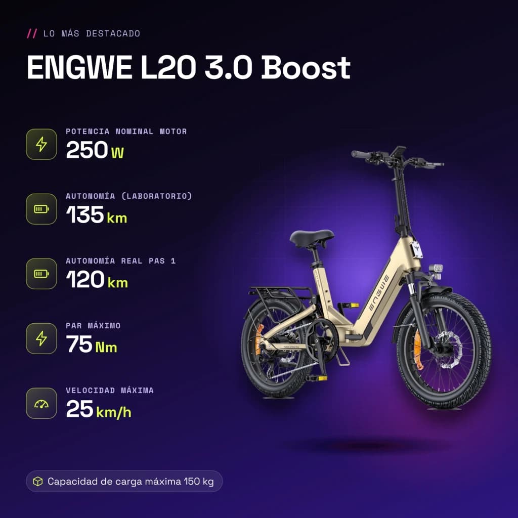 Vélo électrique pliant ENGWE L20 3.0 Boost 250W 135km 25km/h Or - caractéristiques
