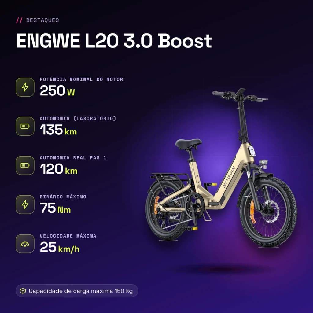 Vélo électrique pliant ENGWE L20 3.0 Boost 250W 135km 25km/h Or - caractéristiques, 135 km