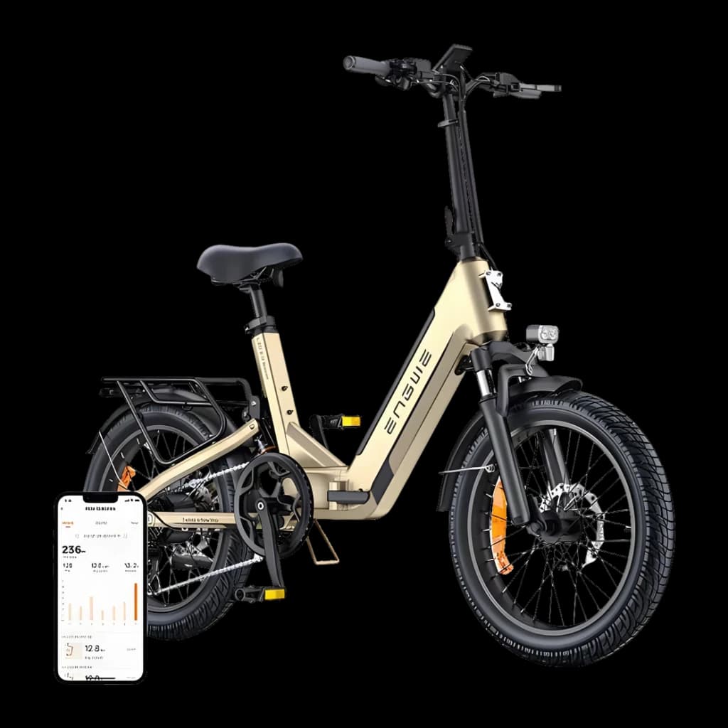 Vélo électrique pliant ENGWE L20 3.0 Boost 250W 135km 25km/h Or - cadre doré avec logo, porte-bagages arrière