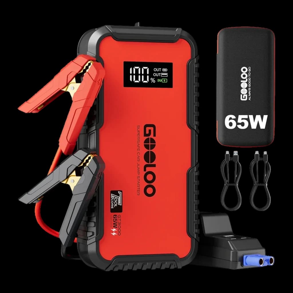 Arrancador de Bateria GOOLOO 3000A até 8,5L Gasolina / 6,0L Diesel GT3000 - unidade vermelha com pinças, ecrã LCD