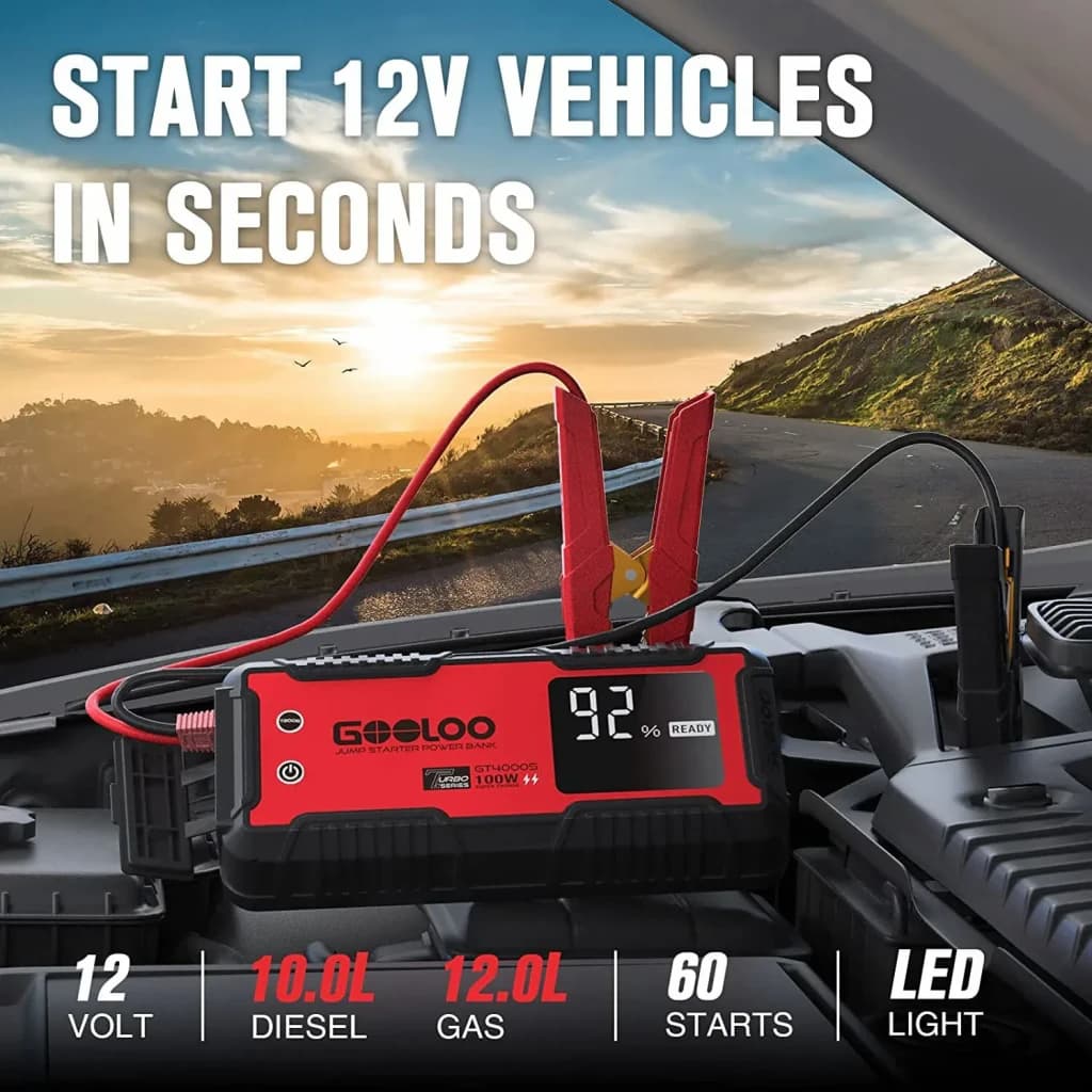Arrancador de bateria GOOLOO 4000A até 12L Gasolina / 10L Diesel GT4000S - pinças vermelhas ligadas ao motor com ecrã
