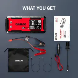 Arrancador de bateria GOOLOO 4000A até 12L Gasolina / 10L Diesel GT4000S - unidade, grampos, bolsa, cabos e manual