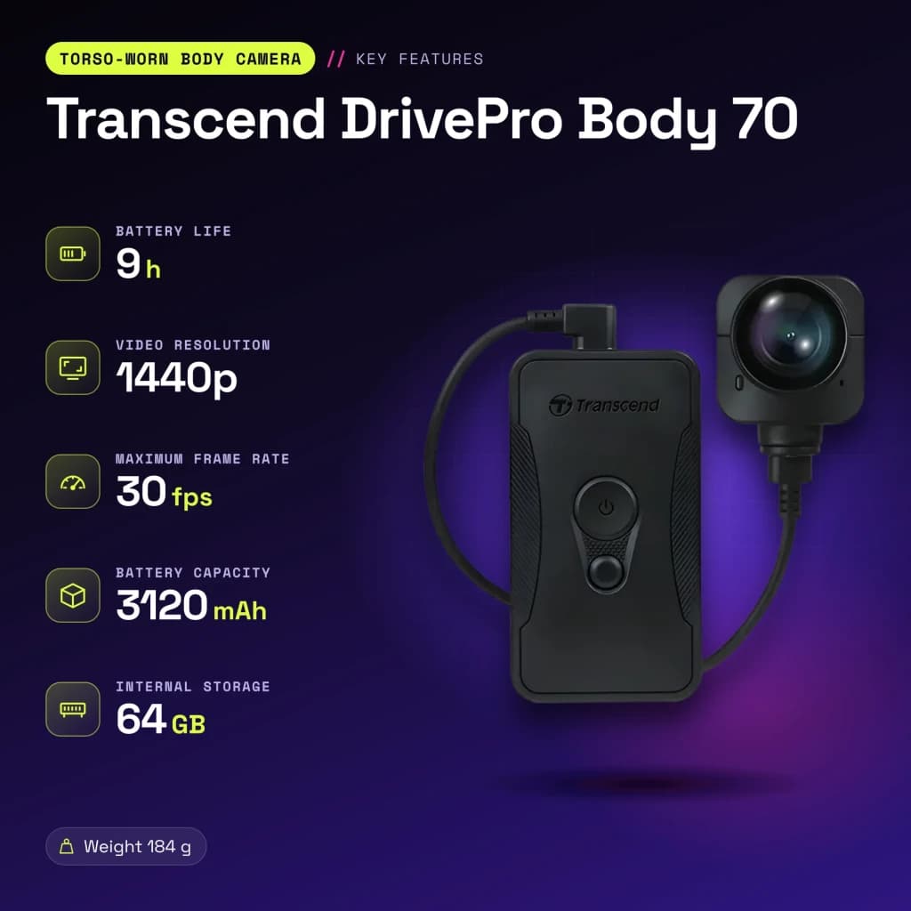 Cámara corporal Transcend DrivePro Body 70 64GB WiFi 1440p IP68 Negro - características, 64 GB