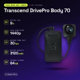 Cámara corporal Transcend DrivePro Body 70 64GB WiFi 1440p IP68 Negro - características, 64 GB
