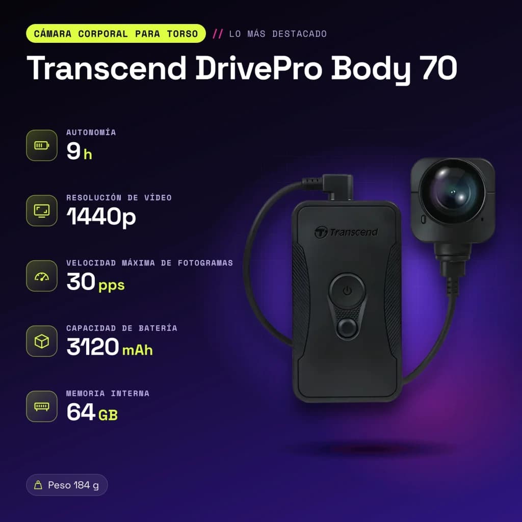 Cámara corporal Transcend DrivePro Body 70 64GB WiFi 1440p IP68 Negro - características