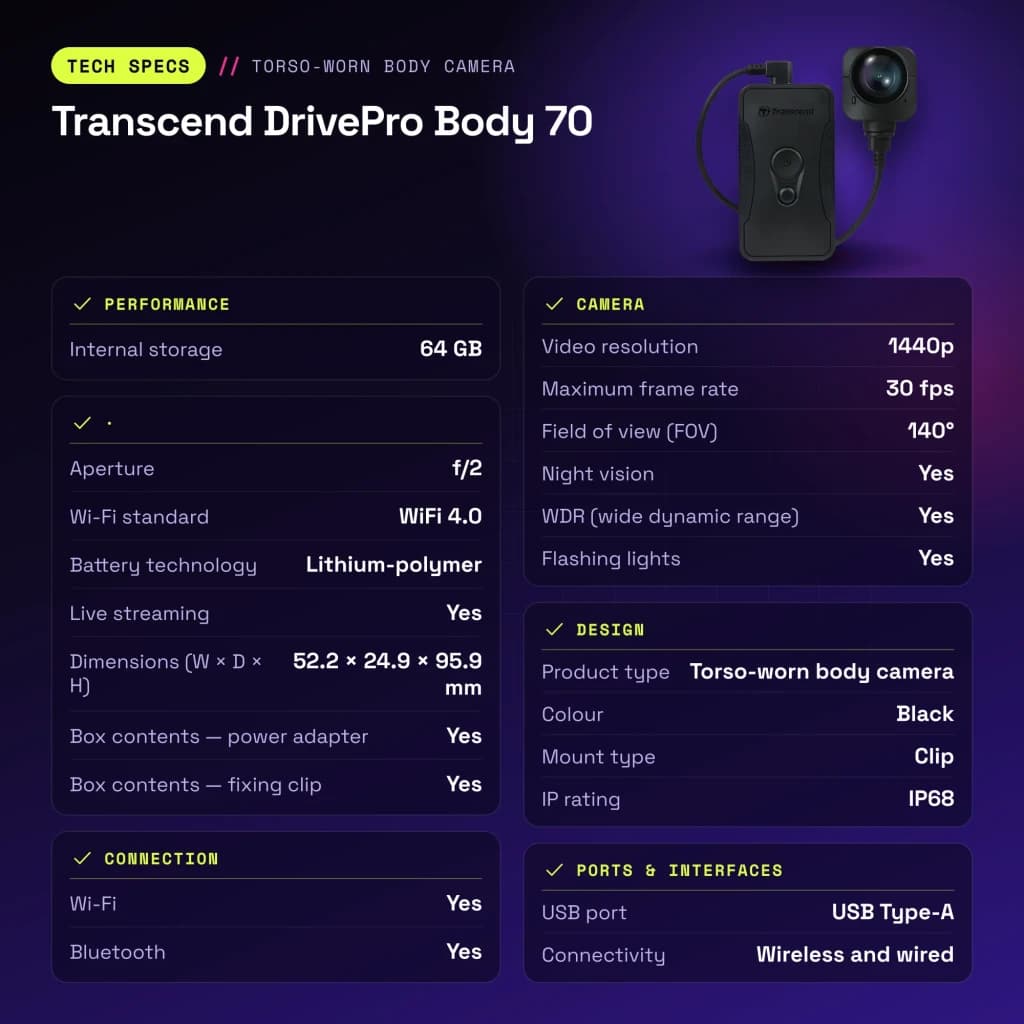 Cámara corporal Transcend DrivePro Body 70 64GB WiFi 1440p IP68 Negro - características, H.264, MP4