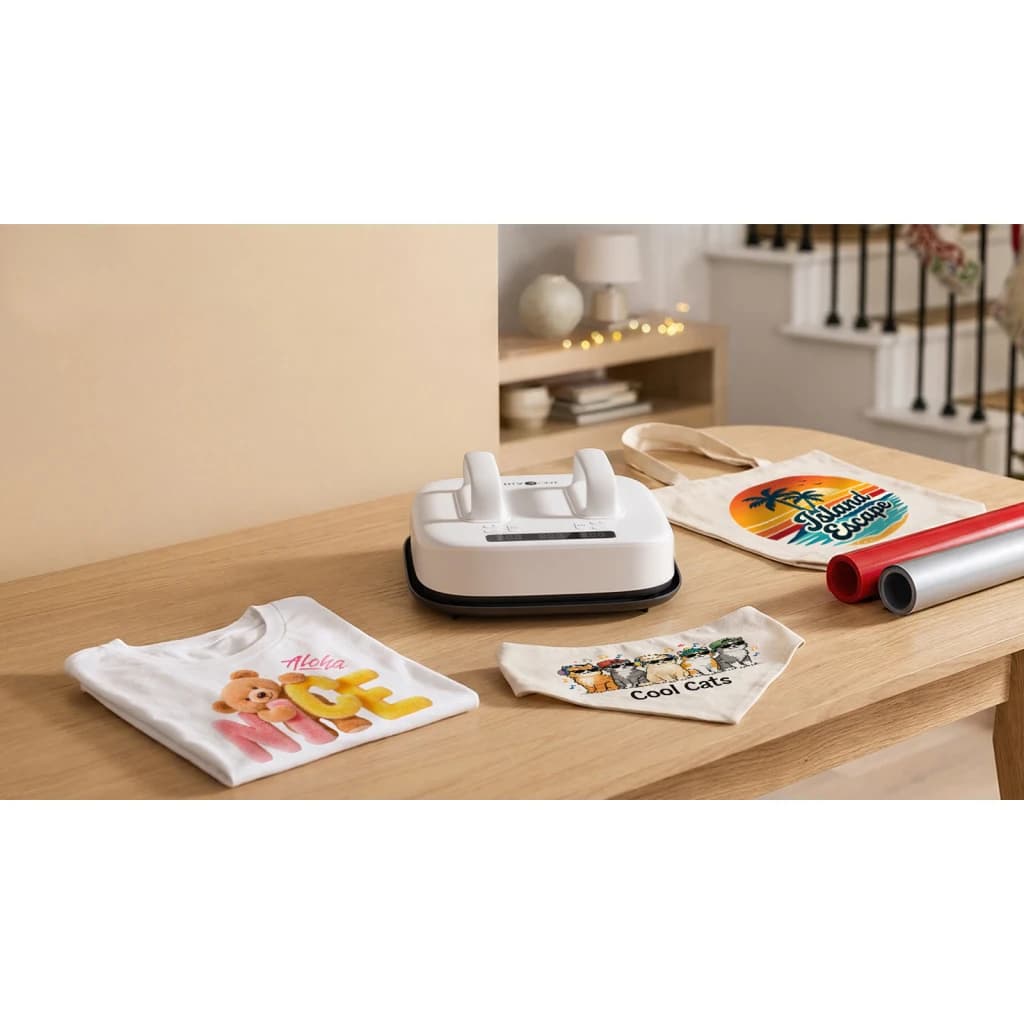 Presse thermique HTVRONT HPS08 10x10 205°C max 25,4×25,4 cm Blanc - sur bureau avec t-shirt, tote bag et rouleaux