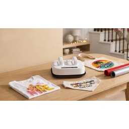 Presse thermique HTVRONT HPS08 10x10 205°C max 25,4×25,4 cm Blanc - sur bureau avec t-shirt, tote bag et rouleaux