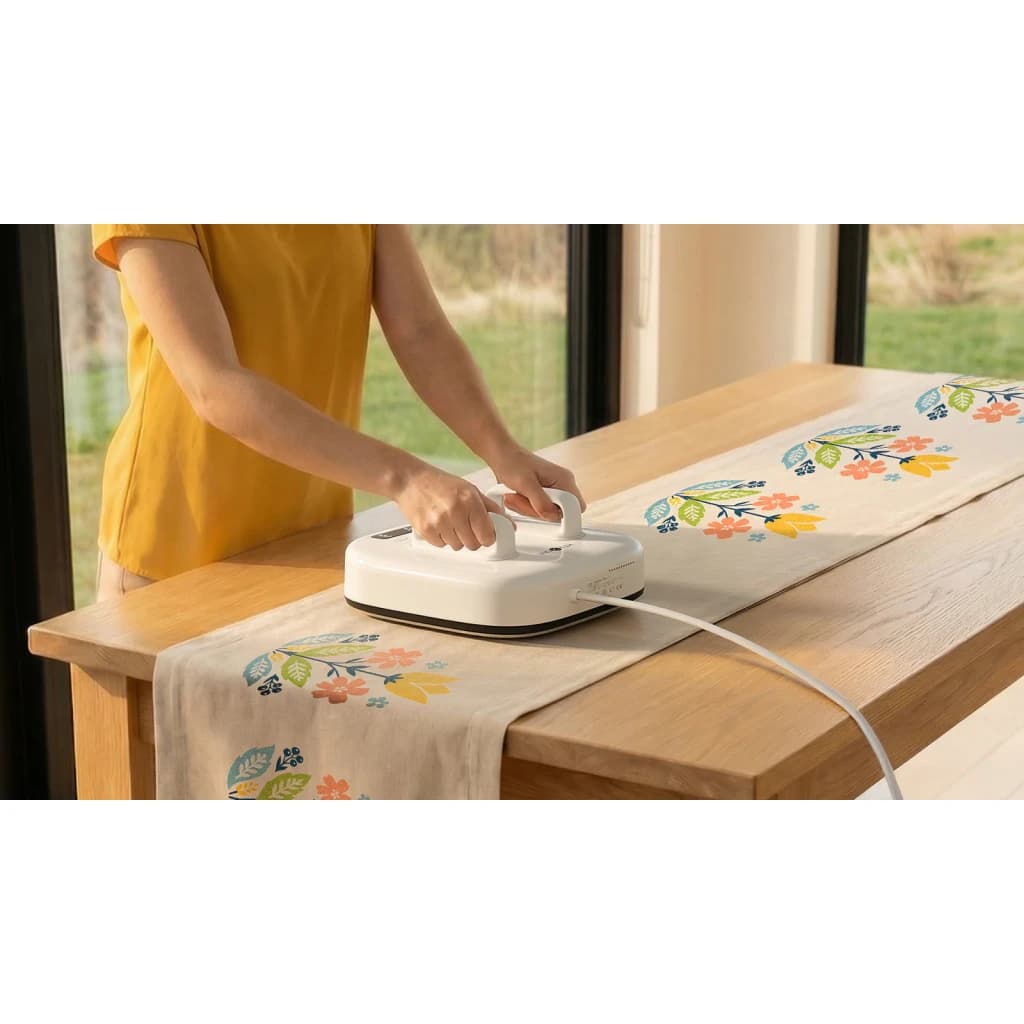 Presse thermique HTVRONT HPS08 10x10 205°C max 25,4×25,4 cm Blanc - main appuyant sur chemin de table floral
