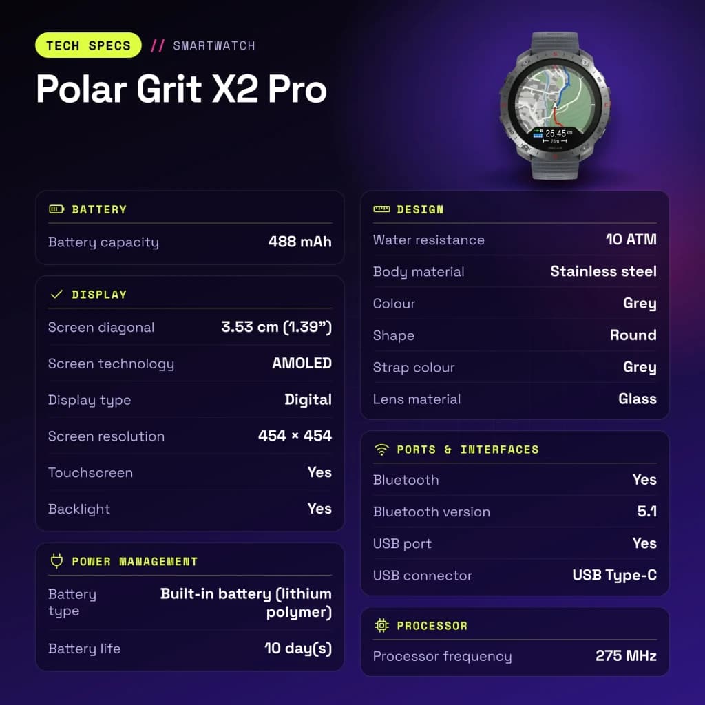 Polar Grit X2 Pro GPS 10ATM Bateria 10 Dias Cinzento - características