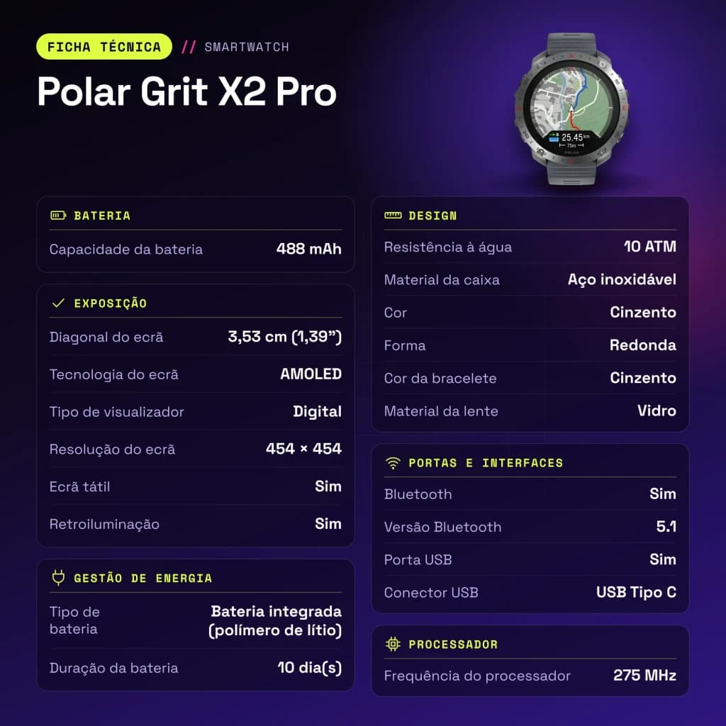 Polar Grit X2 Pro GPS 10ATM Bateria 10 Dias Cinzento - características