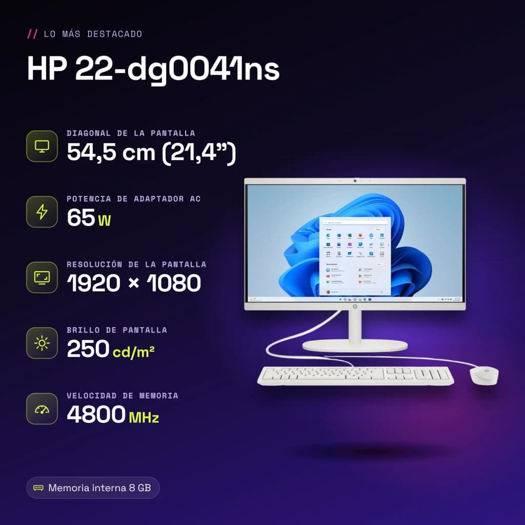 All-in-One HP 8GB/512GB SSD Blanco Intel N100 21.4 pulgadas Windows 11 Home 22-dg0041ns - características