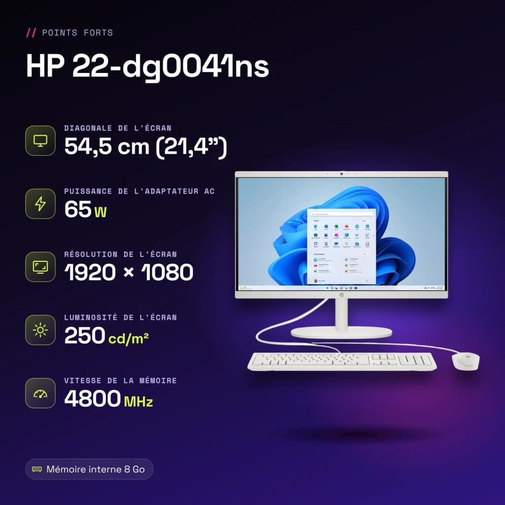 All-in-One HP 8GB/512GB SSD Blanco Intel N100 21.4 pulgadas Windows 11 Home 22-dg0041ns - características, 3,4 GHz