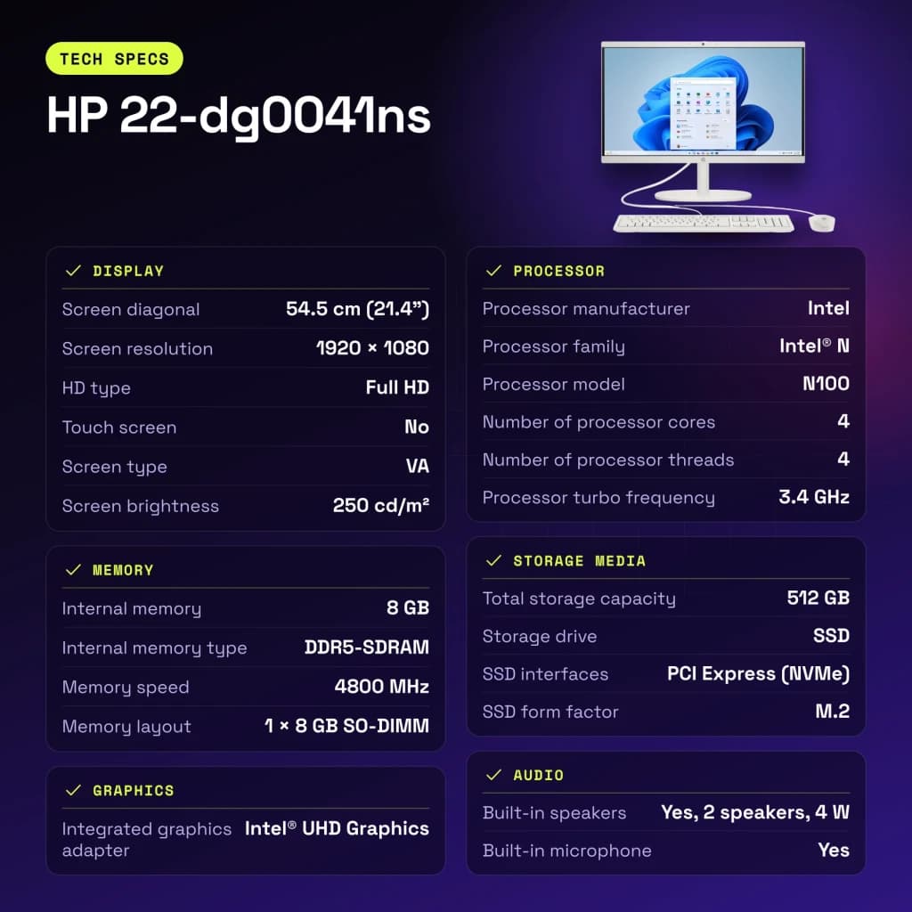 All-in-One HP 8GB/512GB SSD Blanco Intel N100 21.4 pulgadas Windows 11 Home 22-dg0041ns - características, 4800 MHz