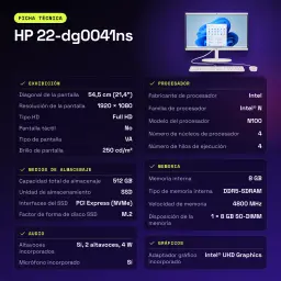 All-in-One HP 8GB/512GB SSD Blanco Intel N100 21.4 pulgadas Windows 11 Home 22-dg0041ns - características, 8 GB