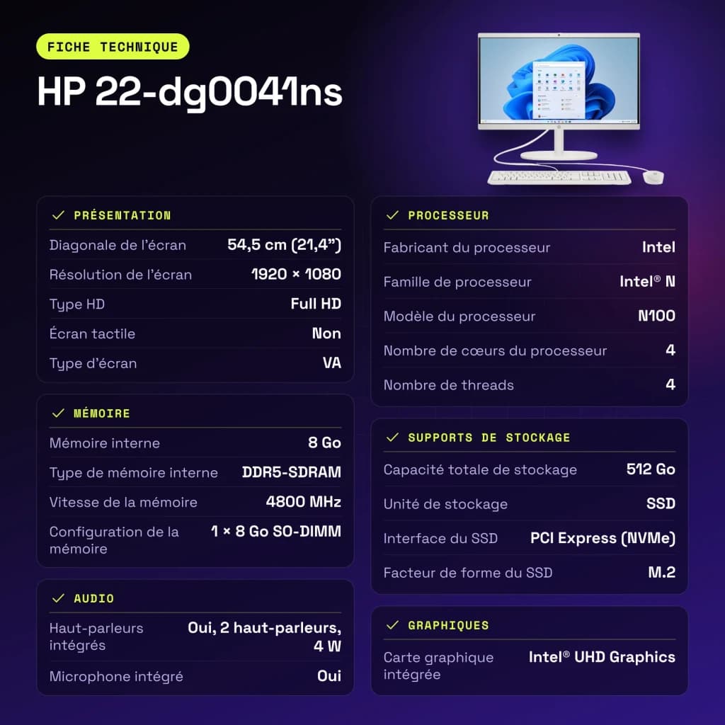 All-in-One HP 8GB/512GB SSD Blanco Intel N100 21.4 pulgadas Windows 11 Home 22-dg0041ns - características, 512 GB