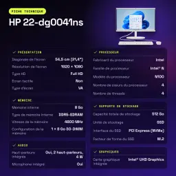 All-in-One HP 8GB/512GB SSD Blanco Intel N100 21.4 pulgadas Windows 11 Home 22-dg0041ns - características, 512 GB