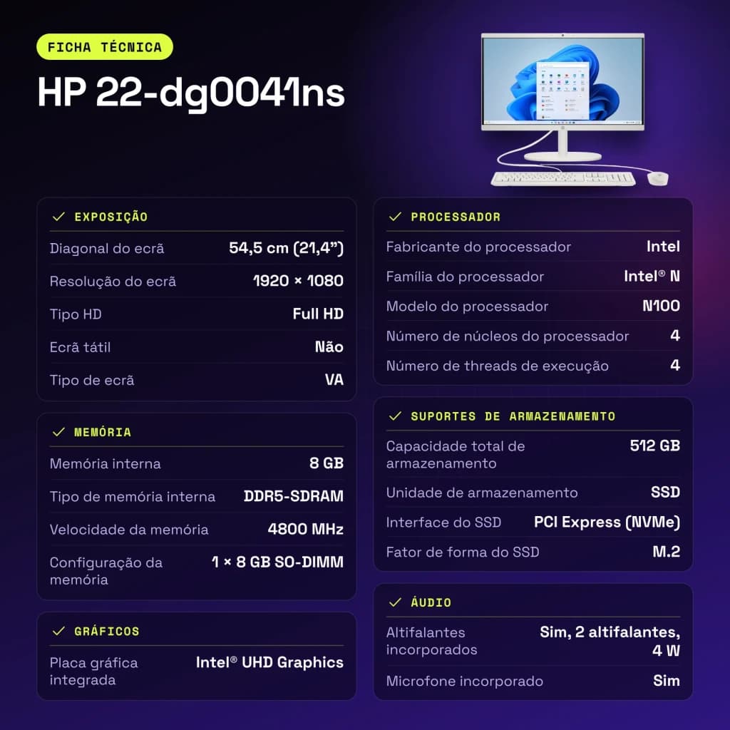 All-in-One HP 8GB/512GB SSD Blanco Intel N100 21.4 pulgadas Windows 11 Home 22-dg0041ns - características, WiFi 6.0