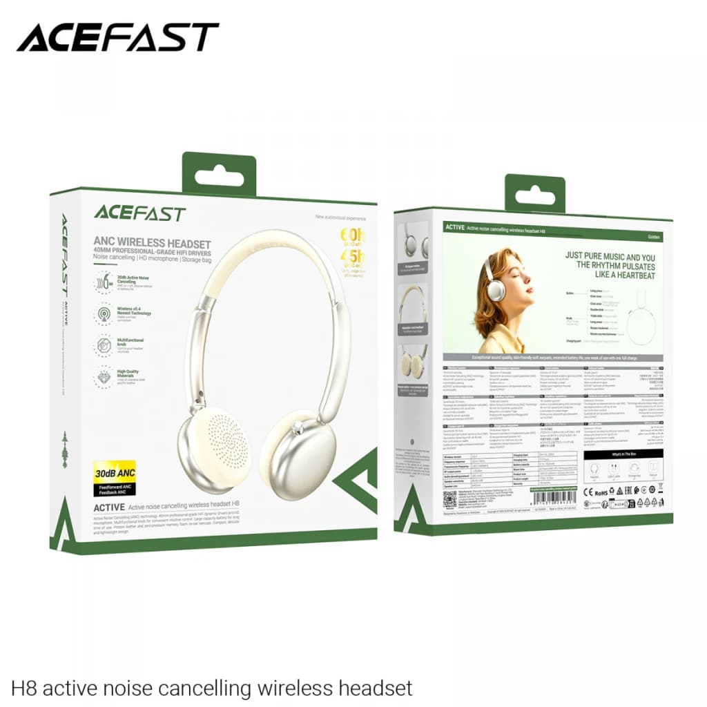 Casque Acefast H8 Réduction de Bruit Active Bluetooth 5.4 60h Or - 500 mAh