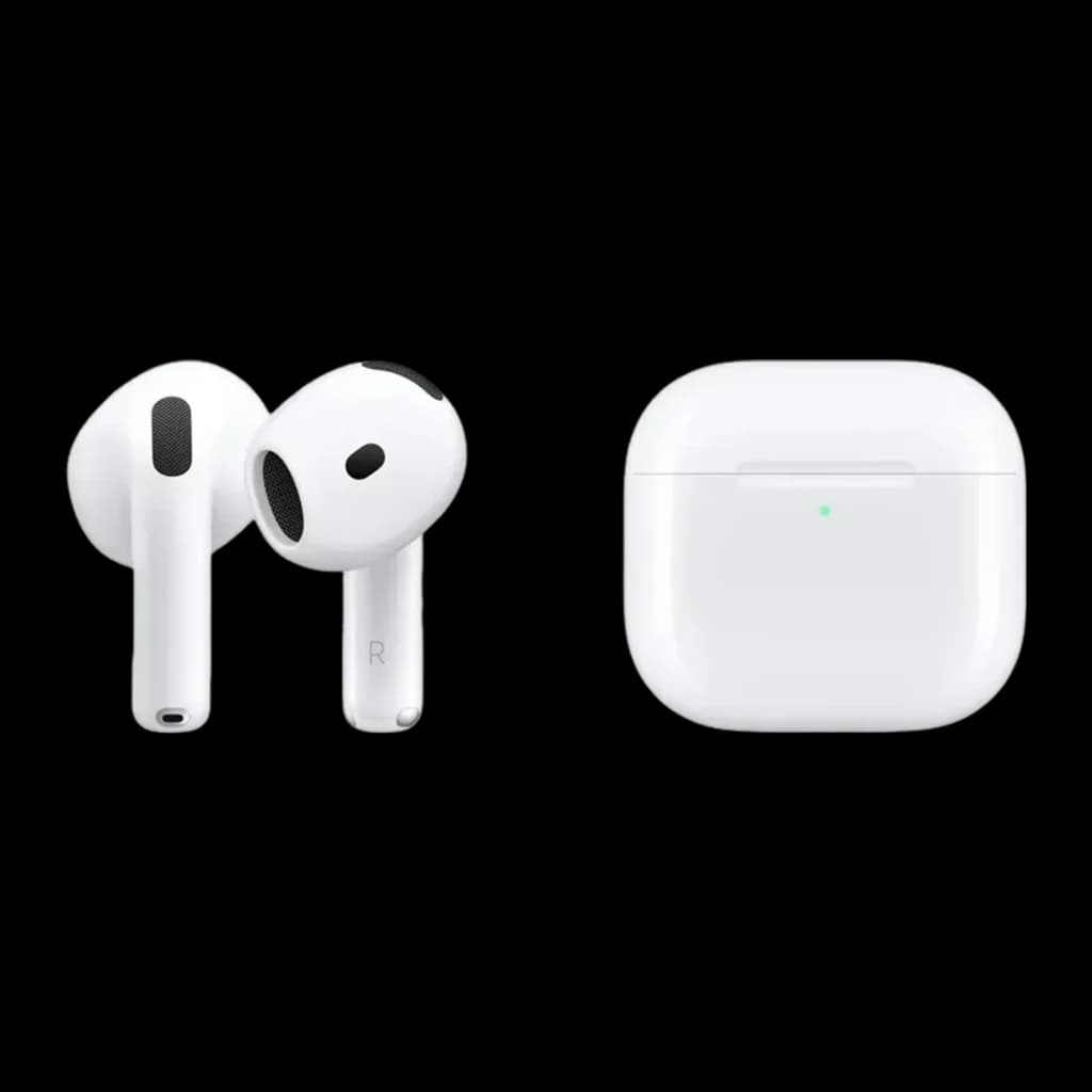 Écouteurs Apple AirPods 4 avec Réduction Active du Bruit TWS Blanc - deux écouteurs blancs et boîtier fermé avec LED
