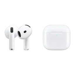Écouteurs Apple AirPods 4 avec Réduction Active du Bruit TWS Blanc - deux écouteurs blancs et boîtier fermé avec LED