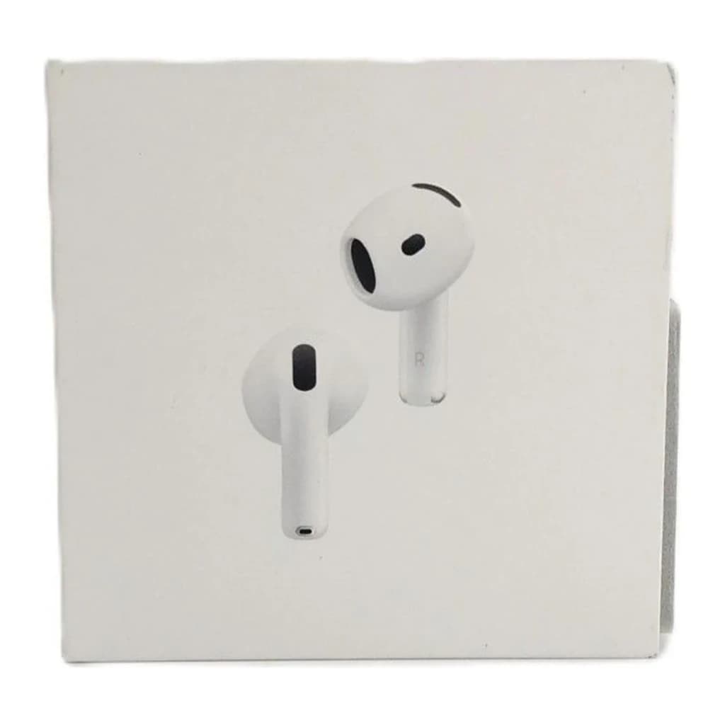 Écouteurs Apple AirPods 4 avec Réduction Active du Bruit TWS Blanc - deux écouteurs blancs illustrés sur l'emballage avant