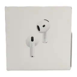 Écouteurs Apple AirPods 4 avec Réduction Active du Bruit TWS Blanc - deux écouteurs blancs illustrés sur l'emballage avant
