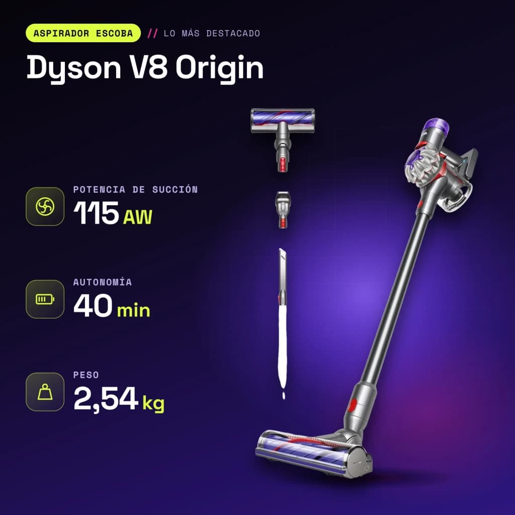 Aspirateur Balai Dyson V8 Origin Argent Sans fil 115AW 40min - caractéristiques